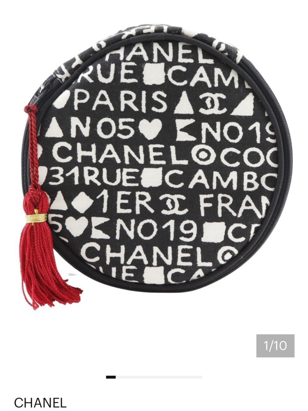 CHANEL Black and White Logo Round Pouch with Red Tassel